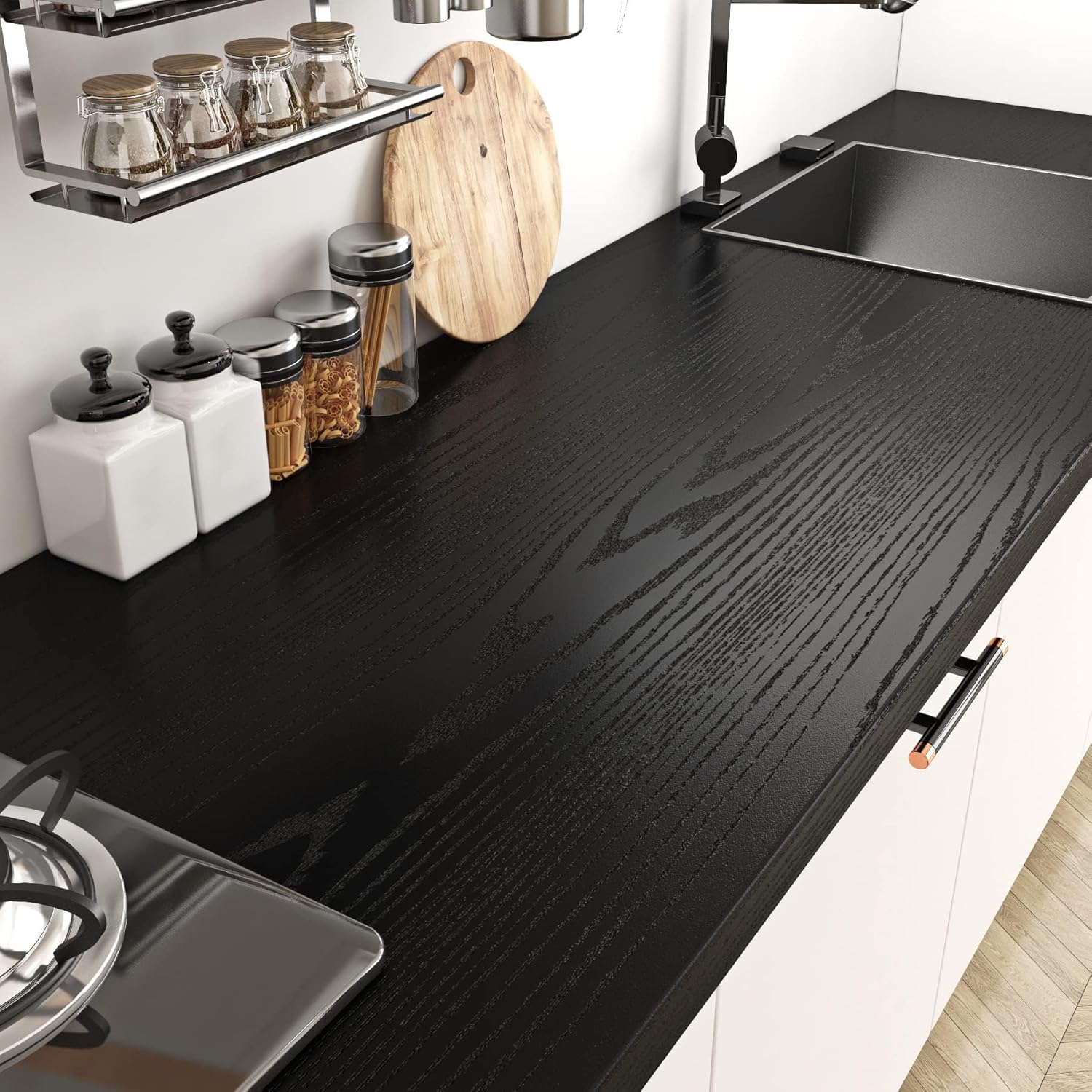 Livelynine  Black Wood Contact Paper Kitchen Cabinet Vinyl Wrap Waterproof Contact Paper Wood Black Wall Paper Roll Adhesive Kitchen Countertop Wallpaper Peel and Stick Cabinet Covering