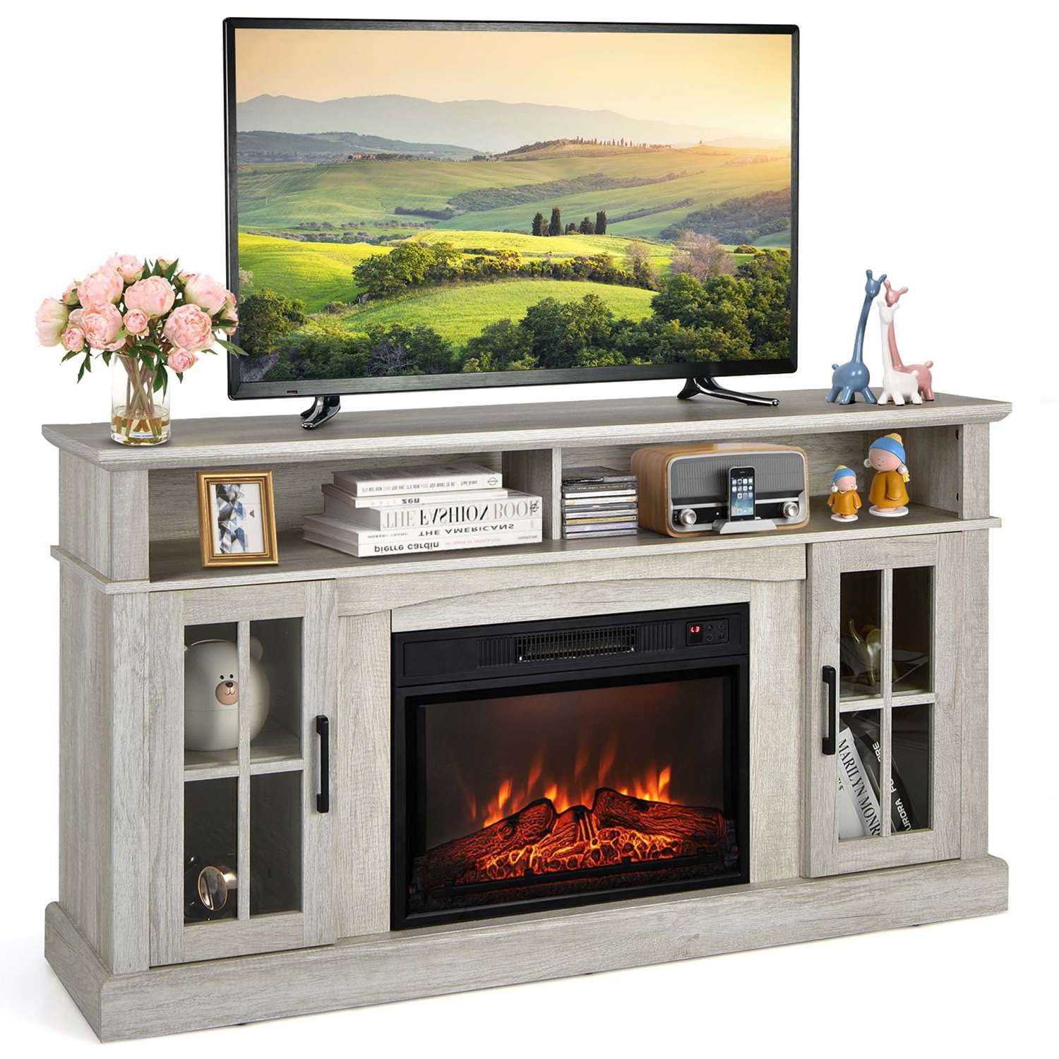 Costway  58 inches Fireplace TV Stand With 1400W Electric Fireplace for TVs up to 65 Inches Grey