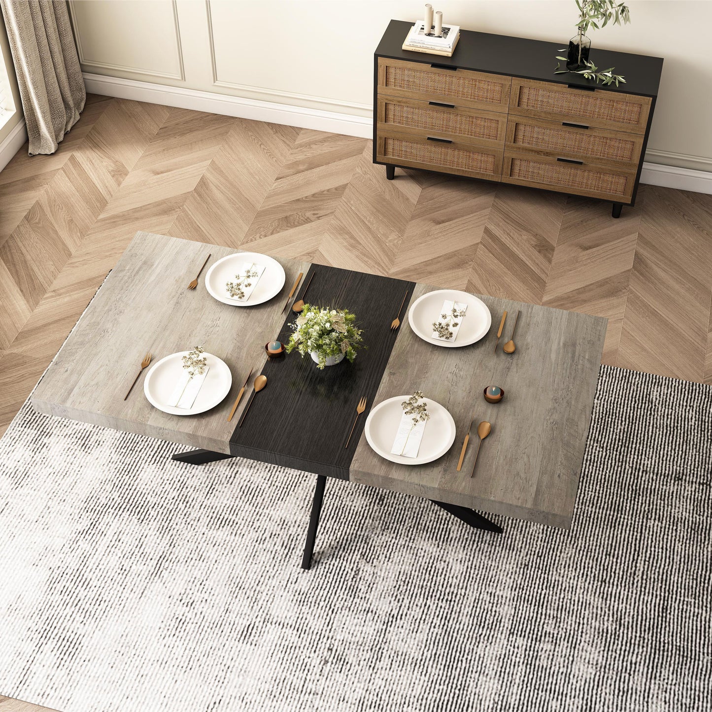 LOVMOR Retro Rectangular Stretch Dining Table Grey Carole Top Black Iron Base Storage