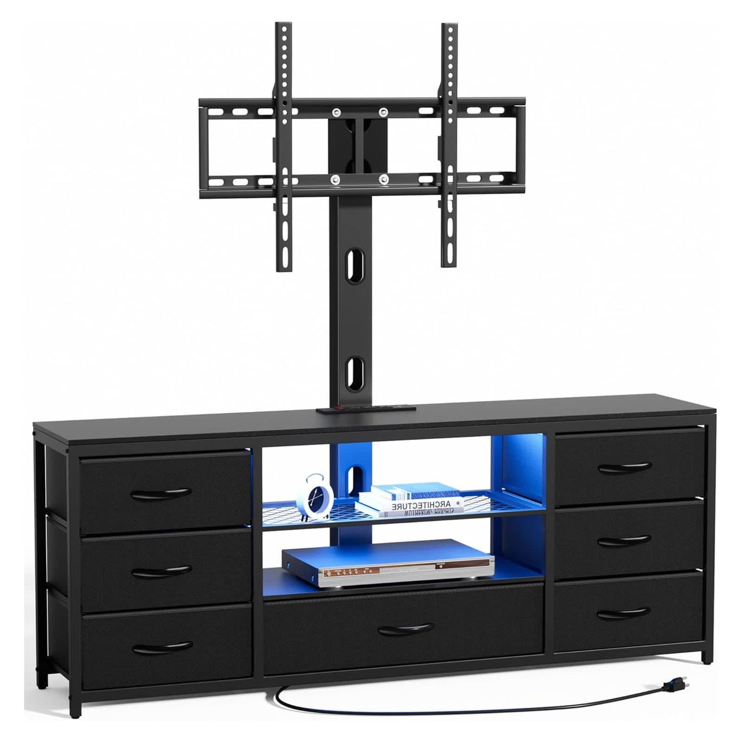 Etokfoks  Universal TV Stand with Mount 7 Fabric Drawers LED Lights Power Outlets Open Shelves for 32 to 70 Inch TVs Black Media Console