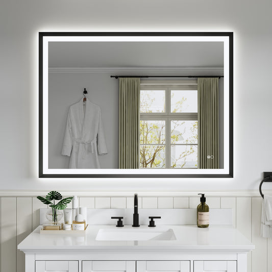 CALVON Liora Framed LED Mirror 48-in x 36-in Framed Rectangle Dimmable LED Lighted Fog Free Bathroom Vanity Mirror ( Black )