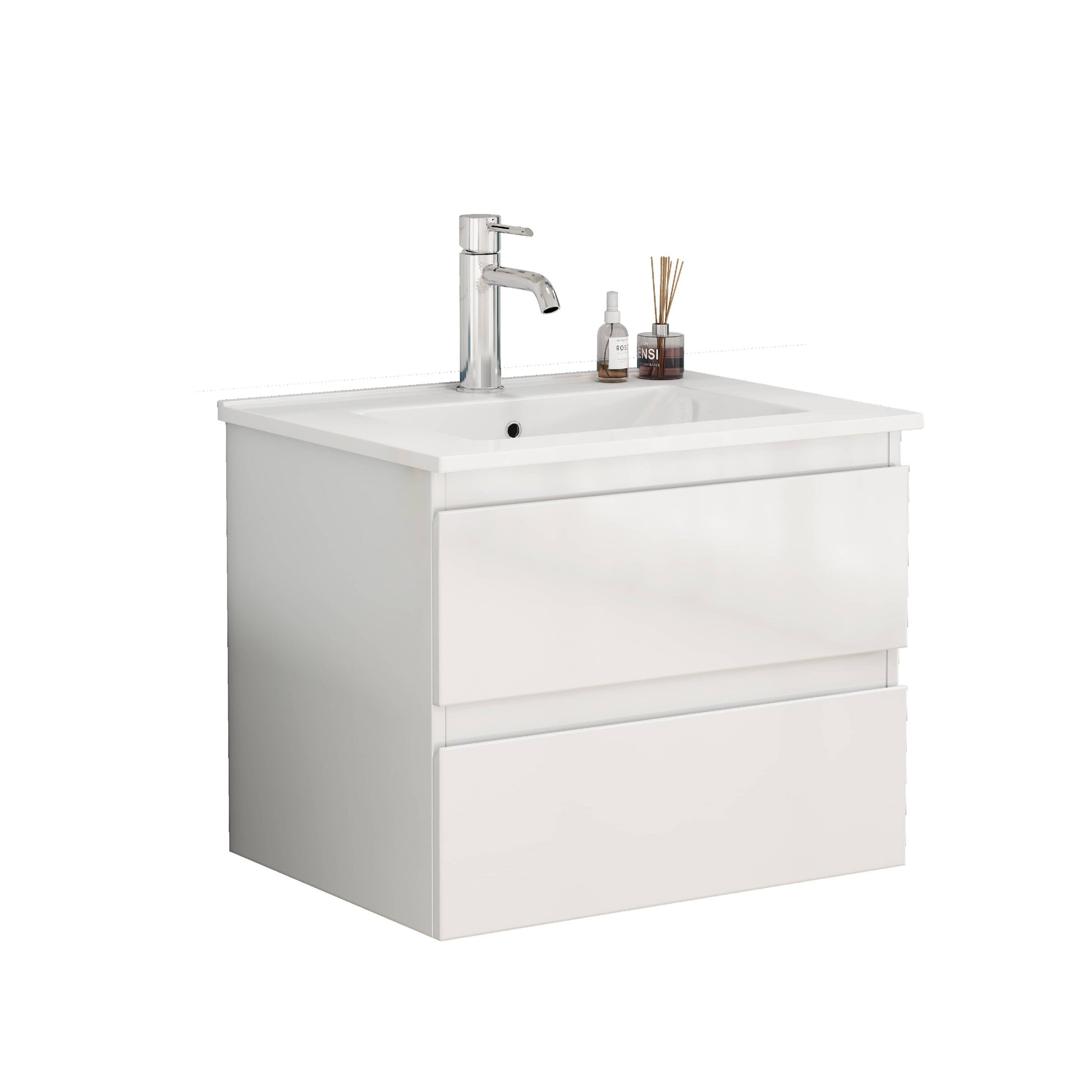 Vynxaria  24 in 1 Sink All-in-One Vanity Glossy White Bath Vanity with White Ceramic Top Soft Close Handle-Free