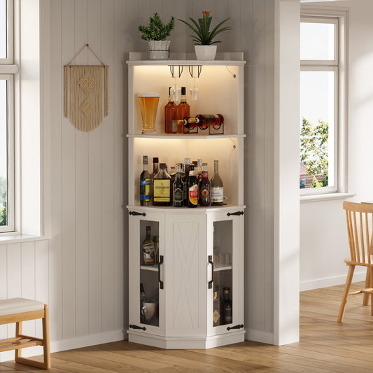 ModernLuxe 67.3inch Corner Bar Cabinet with Power Outlet Farmhouse Wine Bar Cabinet with Adjustable Shelves for Homewith Lights  Glass Rack for Dining Room Living Room Kitchen