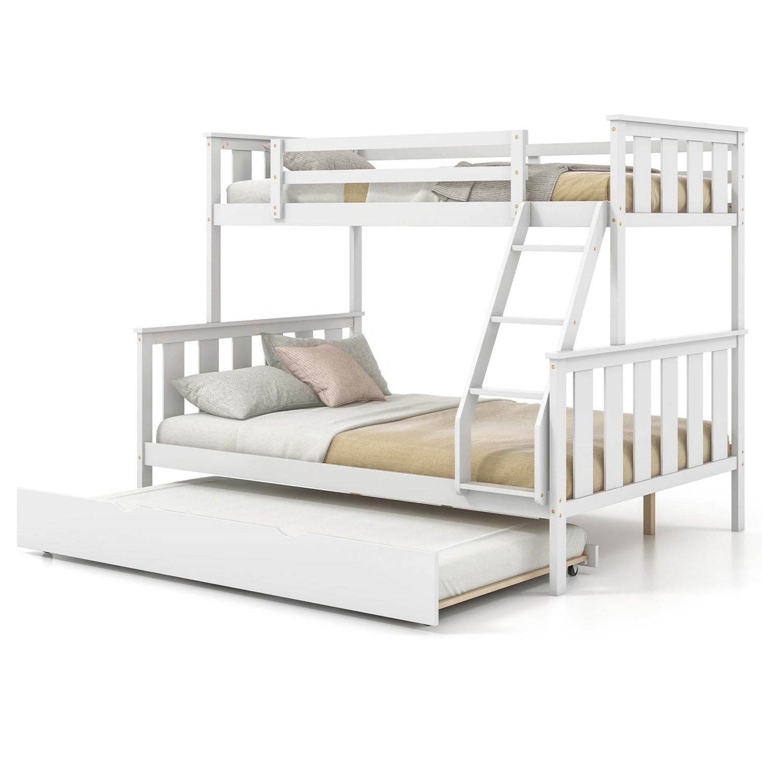 Costway  Twin Over Full Bunk Bed with Trundle Ladder Safety Guardrails 3-in-1 Beds White