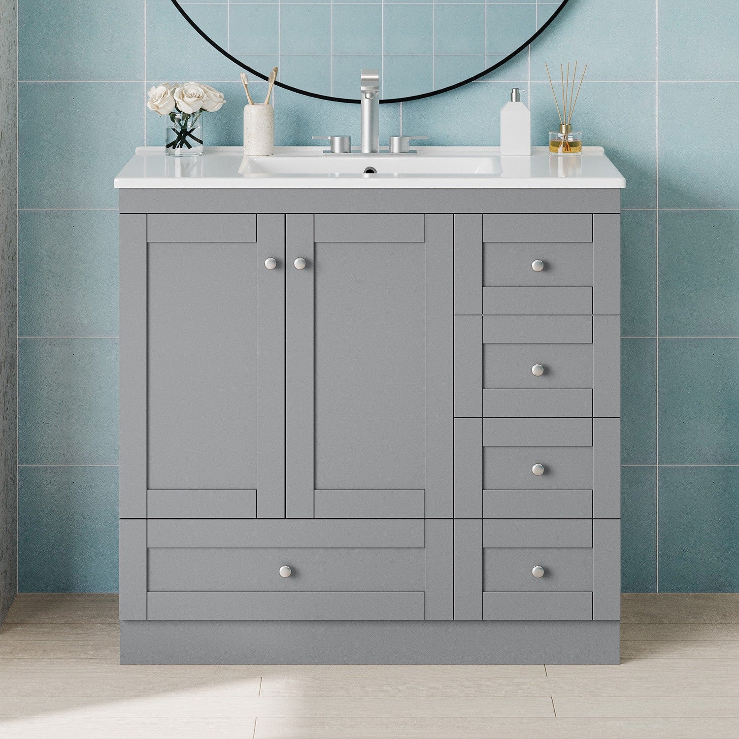 ModernLuxe 36 inch Shaker Style FreeStanding Bathroom Vanity Cabinet with Ceramic Sink 4 Softclose Drawers and 2 Softclose doors