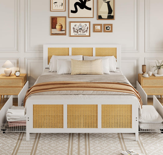 Garvee King Size Rattan Bed Frame with Headboard Boho Cane Platform Bed Frame with 4 Drawers Strong Metal Slats Support Noise Free No Box Spring Needed White