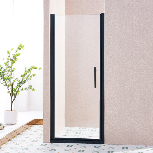 REIBII 32-33.5inW x 75inH Pivot  Shower Door Tempered Glass Shower Door with 1/4in Clear Glass Matte Black Aluminium Alloy