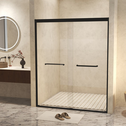 REIBII 44-48in x 72in Matte Black Double Sliding Shower Doors 6mm Tempered Glass with Film Aluminum Frame Stainless Steel Handleâ€‹