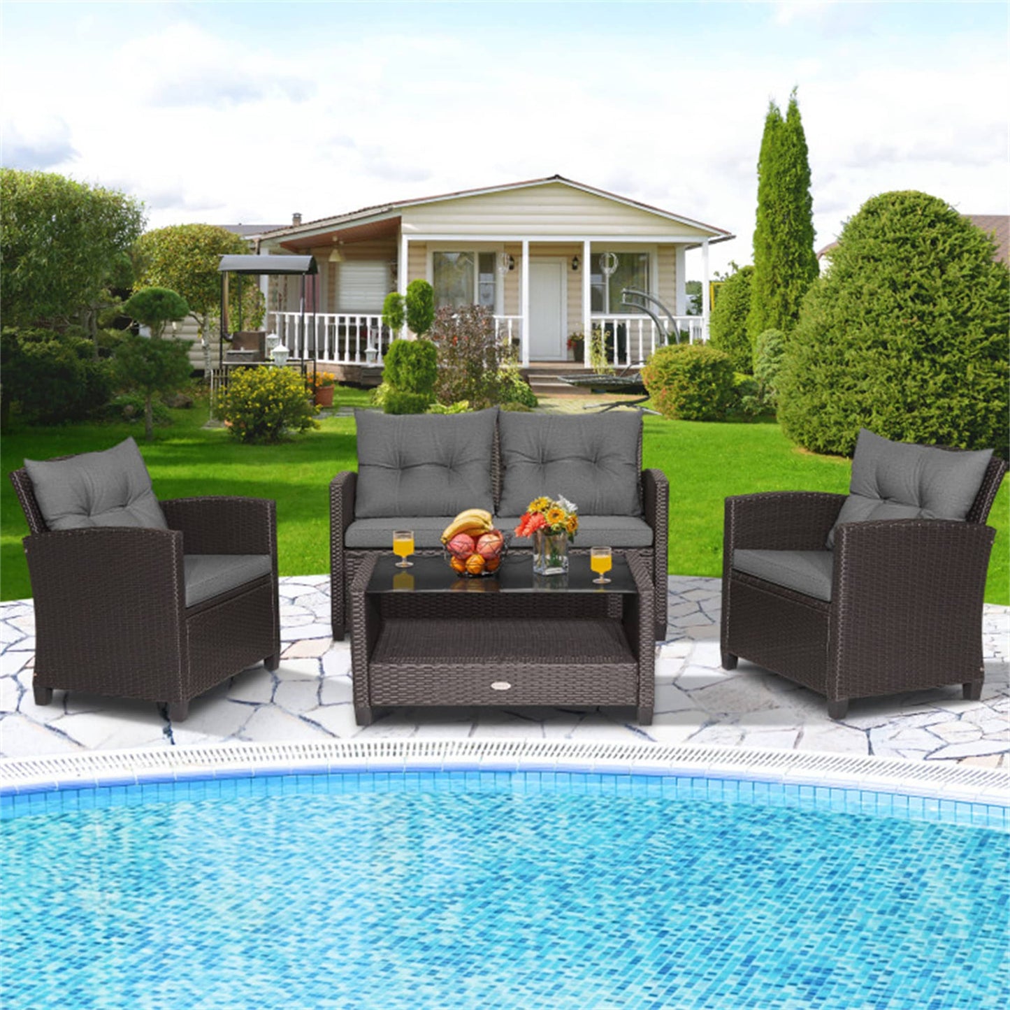 BABOOM Patio Rattan Conversation Furniture Set 4 -Piece Rattan Patio Conversation Set with Gray polyester Cushions