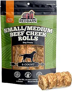 Redbarn Pet Products All-Natural Small/Medium Beef Cheek Rolls for Dogs, Chicken & Carrot Glazed - Single Ingredient Grain-Free Chew Treat Naturally Rich in Collagen - 5 Pack - Packaging May Vary