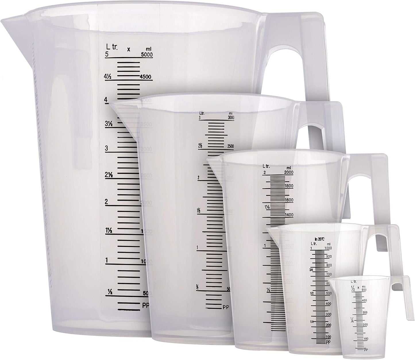 TCP Global 5 Piece Set of Plastic Graduated Measuring and Mixing Pitchers - 500, 1000 Quart, 2000, 3000, 5000 ml Gallon Sizes - Pouring Cups, Measure & Mix Paint, Resin, Epoxy, Kitchen Cooking Baking