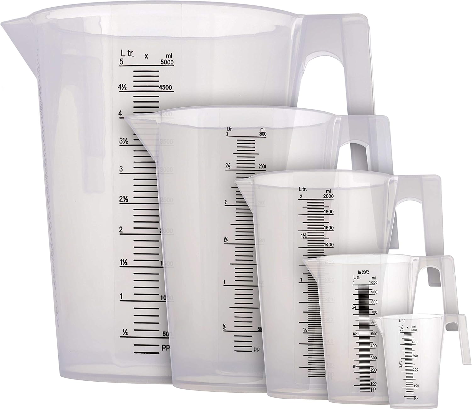 TCP Global 5 Piece Set of Plastic Graduated Measuring and Mixing Pitchers - 500, 1000 Quart, 2000, 3000, 5000 ml Gallon Sizes - Pouring Cups, Measure & Mix Paint, Resin, Epoxy, Kitchen Cooking Baking
