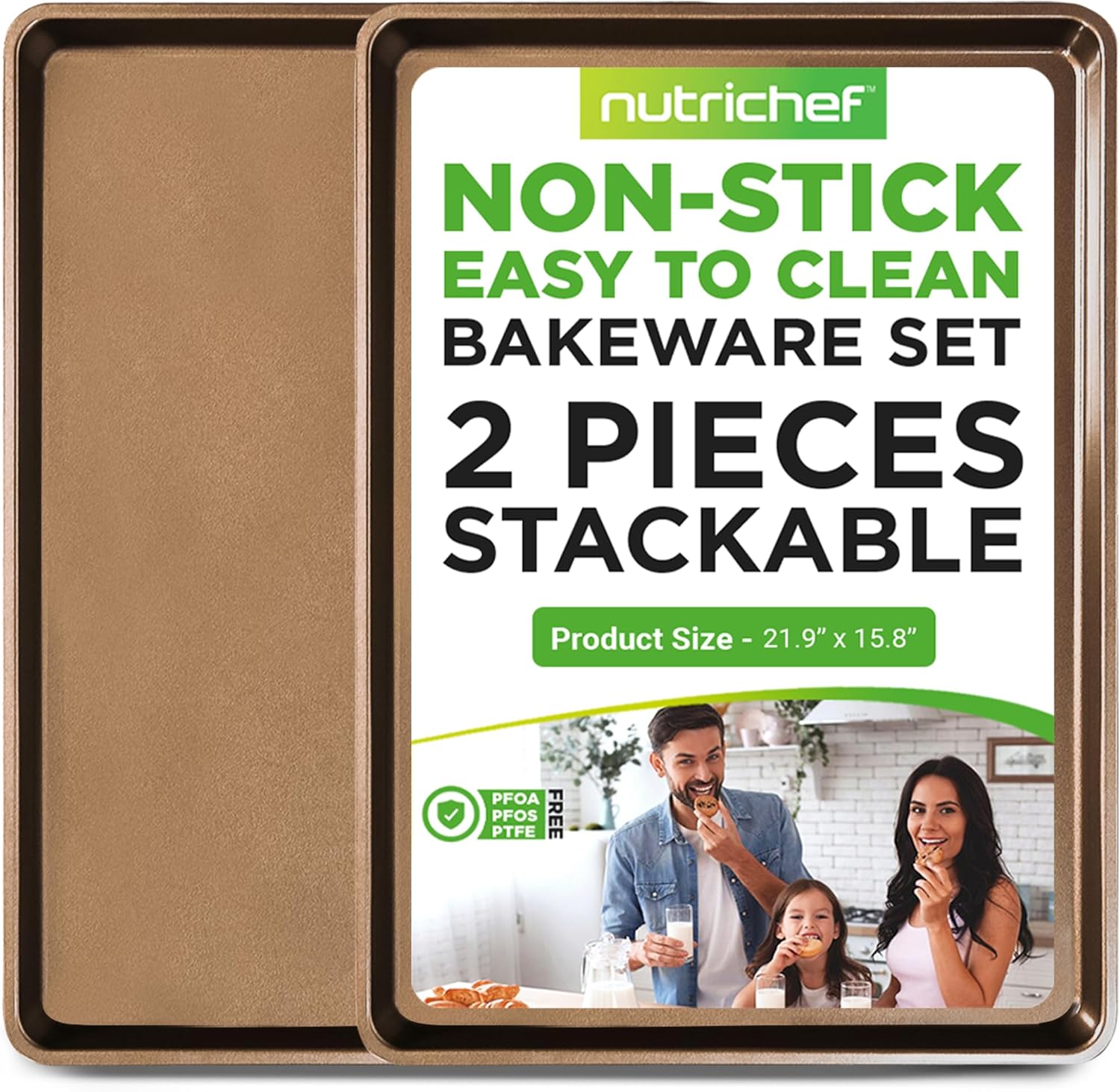 NutriChef 2-Piece Nonstick XL Cookie Sheets for Baking - 22" x 16" Extra Large Carbon Steel Oven Baking Trays, PFOA, PFOS, PTFE Free - Stackable & Dishwasher Safe, Gold