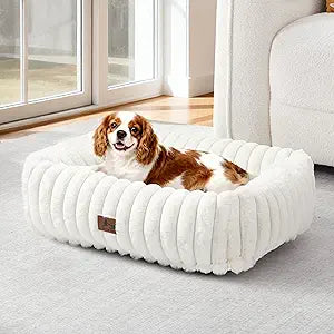 Washable Dog Bed for Small Medium Dogs - Rectangle Orthopedic Corduroy Fleece Pet Bed with Removable Cover and Nonskid Bottom, Calming Puppy Bed Soft Pet Sofa, Cream(25x21x7inchs)