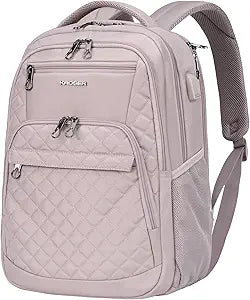 KROSER Travel Laptop Backpack 17 Inch Large Computer Backpack Water-Repellent Daypack with USB Charging Port & Headphone Interface RFID Pockets for Work/Business/College/Men/Women Dusty Pink(Quilted)