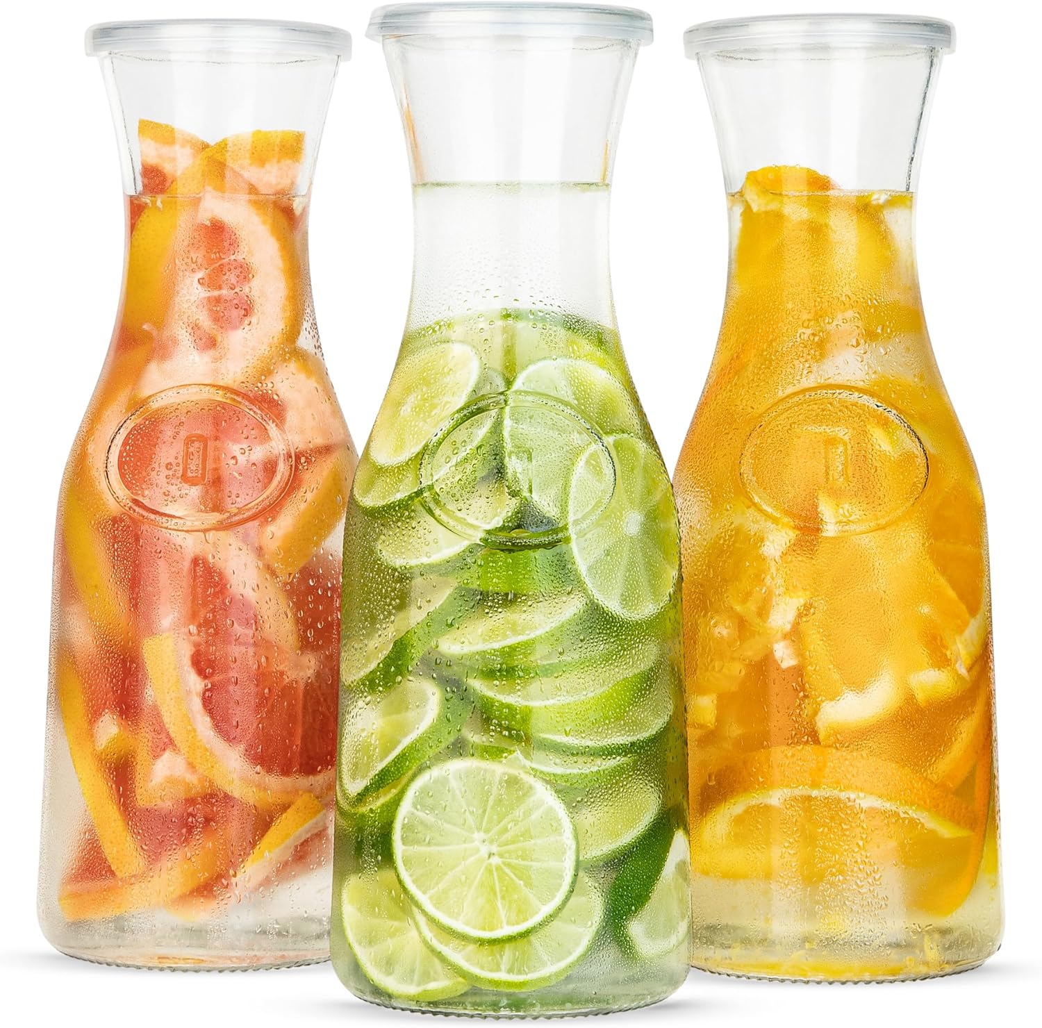 Glass Carafe Pitchers, by Kook, Large Carafe - set of 3, Beverage Dispensers, Clear Jugs For Mimosas, Water, Wine, Milk and Juice, with Plastic Lids, 50 oz Dishwasher Safe