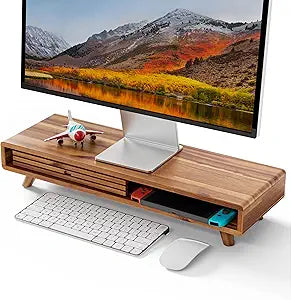 Tinamo Acacia Monitor Stand Riser with Sliding Door - Wooden Monitor Riser for Desk - Computer Monitor Stand for Desk - Multi-Purpose Desktop Storage Stand for Computer; Laptop; TV(24.4 " x 8" x 5")
